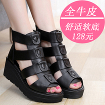 2022 new genuine leather slopes heel sandals women summer black high heel thick bottom muffin fish mouth shoes high to help Rome cool boots