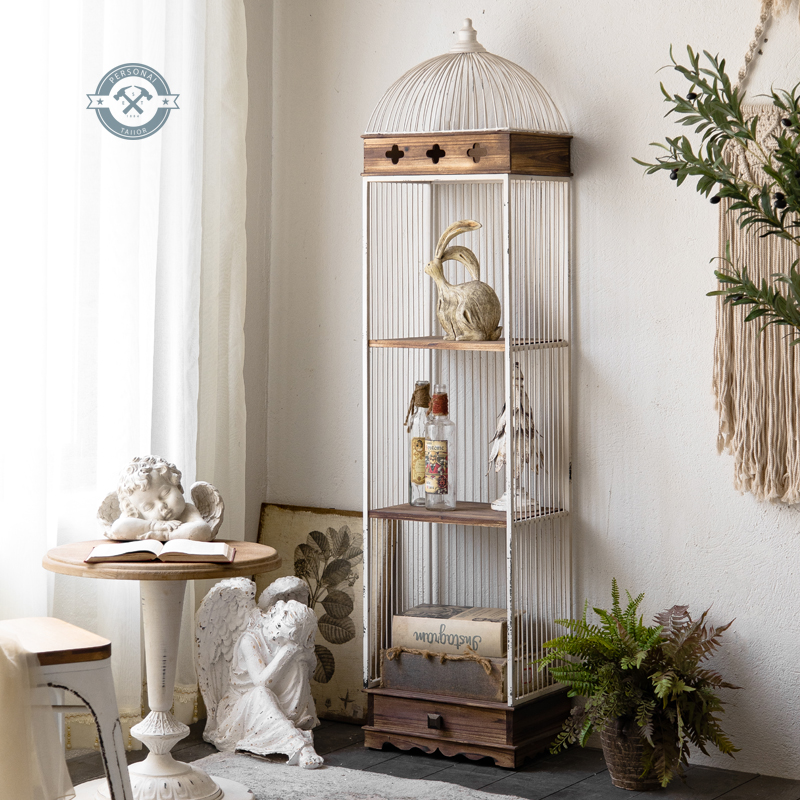 American wrought iron solid wood rack bird cage flower rack country house living room bedroom balcony decoration rack storage layer shelf