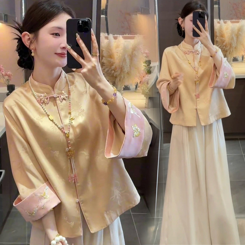 2026 Spring and Autumn New Chinese Style Satin Embossed Petite High-End Jacket and Wide-Leg Pants Two-Piece Set for Women