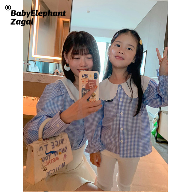 Baby Elephant Lace Collar Waist Puff Sleeve Navy Collar Plaid Princess Dress Parent-Child Wear 2023 Spring and Summer New Arrival