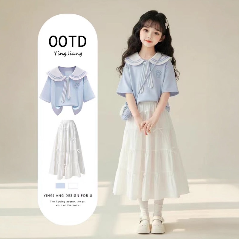 Girls' Summer Dopamine Outfit Set: Stylish Pure Cotton Short-Sleeve Top + Skirt Internet Celebrity Set