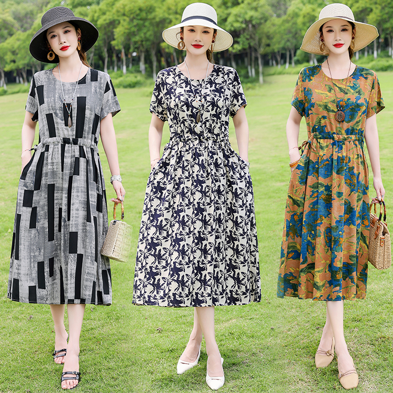 Elegant Slim-Fit Cotton Dress, New Summer Style for Mothers, Mid-Length, Loose-Fitting, Tummy-Covering, Waist-Cinching, Plus-Size Floral Dress Elegant Slim-Fit Cotton Dress, New Summer Style for Mothers, Mid-Length, Loose-Fitting, Tummy-Covering, Waist-Cinching, Plus-Size Floral Dress
