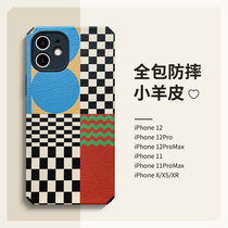 New chessboard lattice iPhone12 phone case 11 Apple 12promax lens all inclusive pro lamb leather soft shell xs max personality tide 7 8plus protective cover