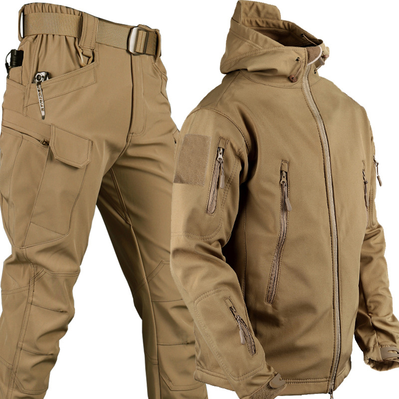 Special Forces Camouflage Clothing Outdoor Tactical Jacket Set Soft Shell Sharkskin Jacket Military Fans Windproof and Waterproof for Men and Women