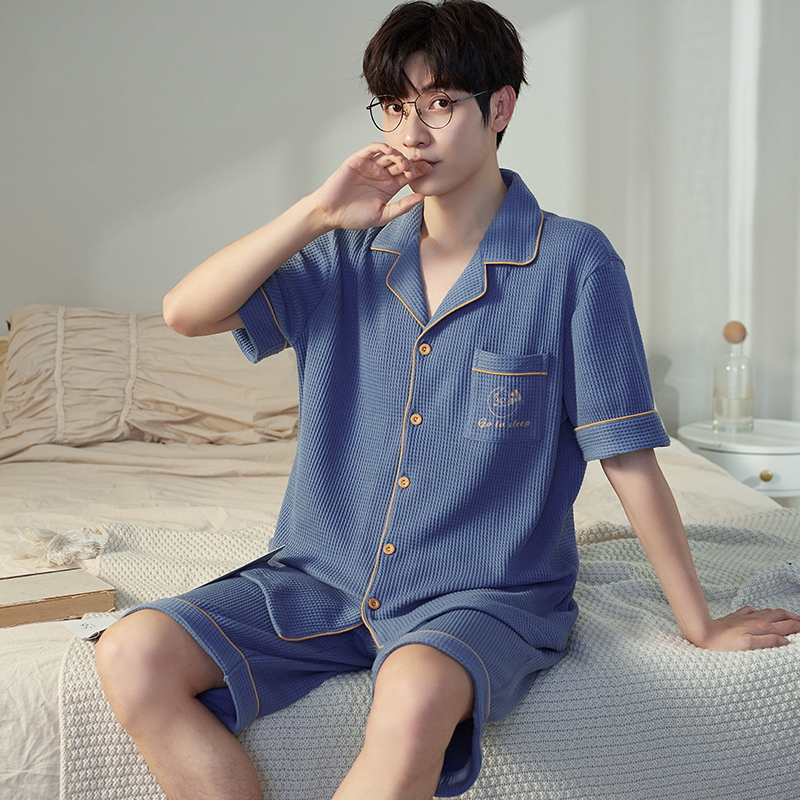 2022 summer young men's cardigan lapel pajamas short-sleeved loose men's casual home clothes cotton can be worn outside