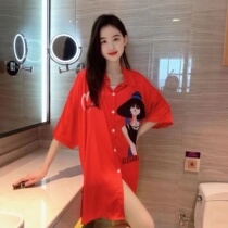 Ice Silk Sleeping Dress Woman Summer Exploits 2023 New Short Sleeves Slim Fit Girl High Sensation Ice Silk Sexy Shirt Pajamas