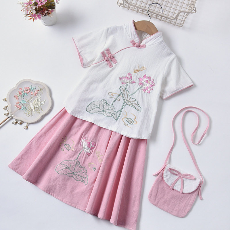 Hanfu girls summer ancient style 2022 new Chinese style cotton and linen short-sleeved little girl Ming-made thin cheongsam suit