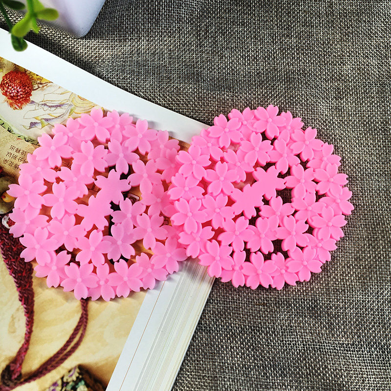 Creative Round Cherry Blossom Cup Cushion Heat Insulation Cushion Anti-Burn Cushion Tea Cup Cushion Silicone Cup Cushion Diameter 10cm