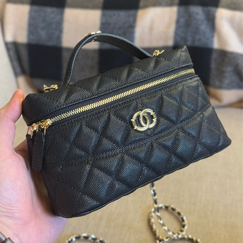 Chanel-Style 25C Box Bag, New Makeup Bag, Cowhide Handbag, Quilted Chain Bag, Genuine Leather Shoulder Crossbody Bag