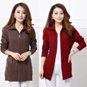 Áo len cashmere nữ dài phiên bản Hàn Quốc của người phụ nữ tự trồng cỡ lớn áo len len áo len màu đỏ rượu vang - Cardigan