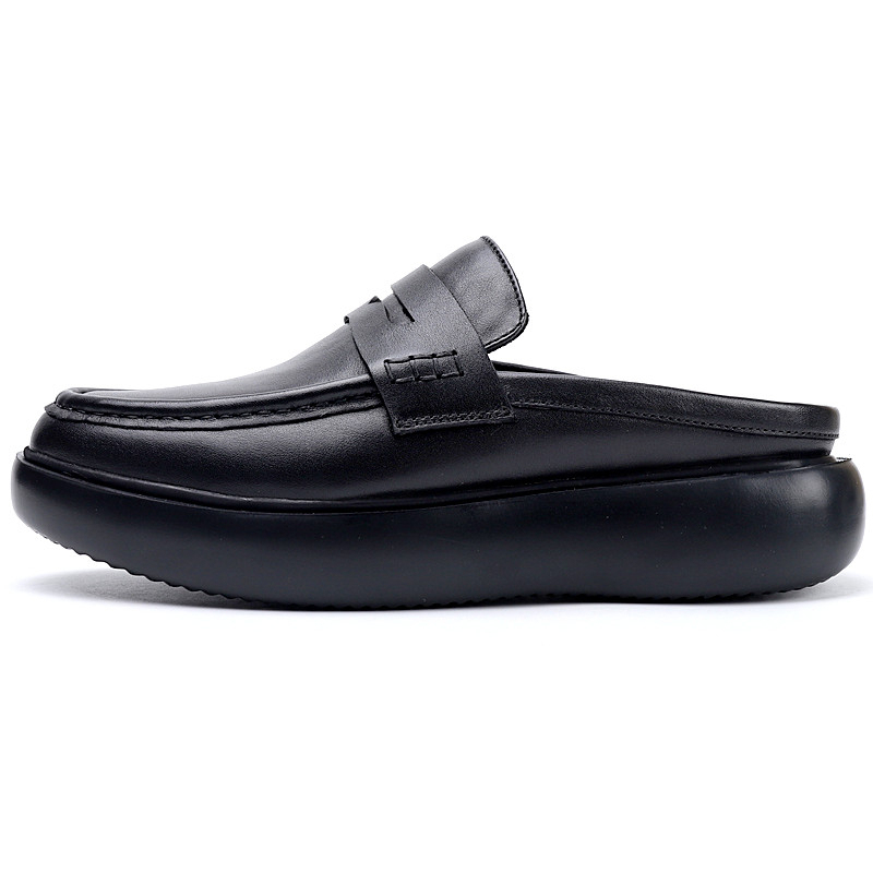 Genuine Leather Half-Slippers for Men, Office Black Leather Slippers, New Style Cowhide Slip-On Outdoor Men's Shoes, Thick-Soled Half-Wrap Slippers