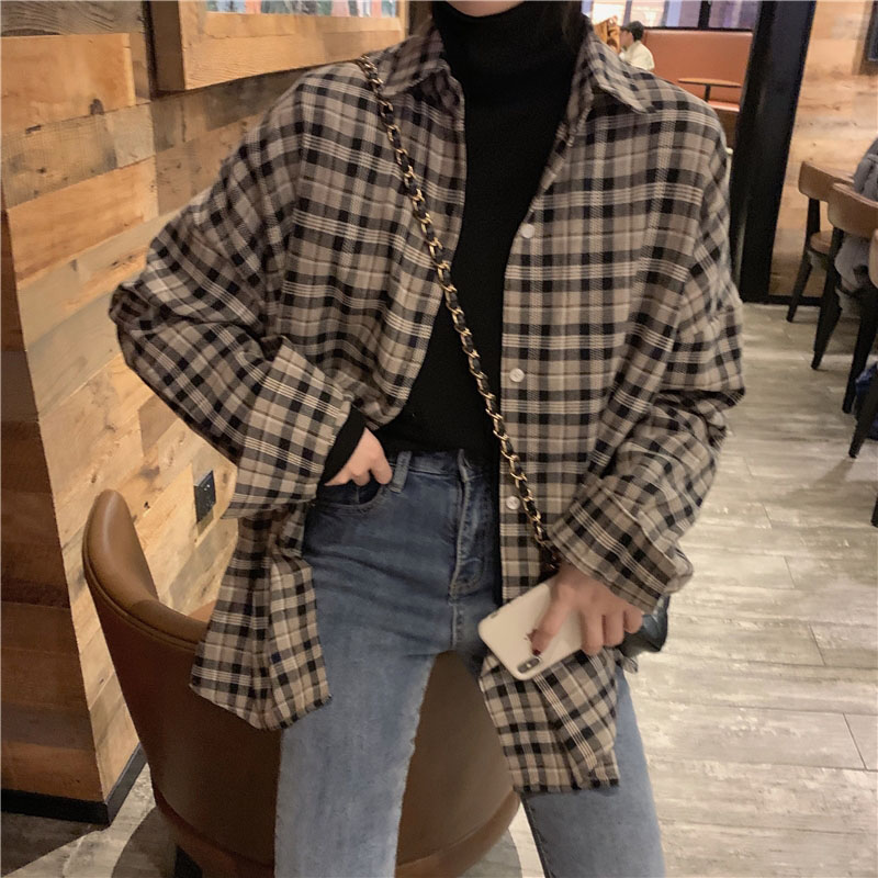 Retro Plaid Shirt Woman 2022 Autumn Winter New outwear net Red students Hundred Lap Loose Long Sleeve Shirt Jacket Tide