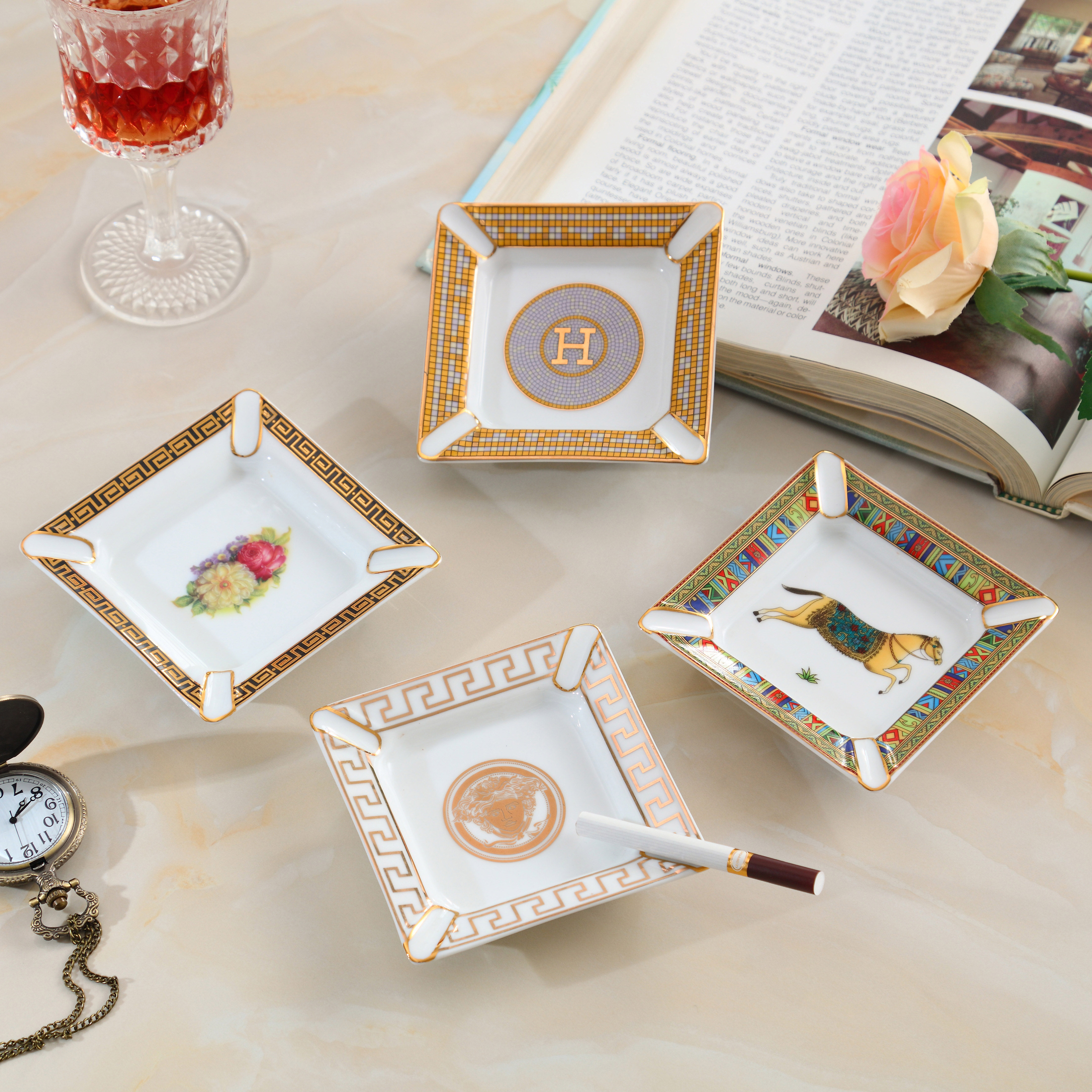 Eurostyle ceramic small number of cigarettes Ashtray Creative Personality Men's Book Room table Office Living room swing piece