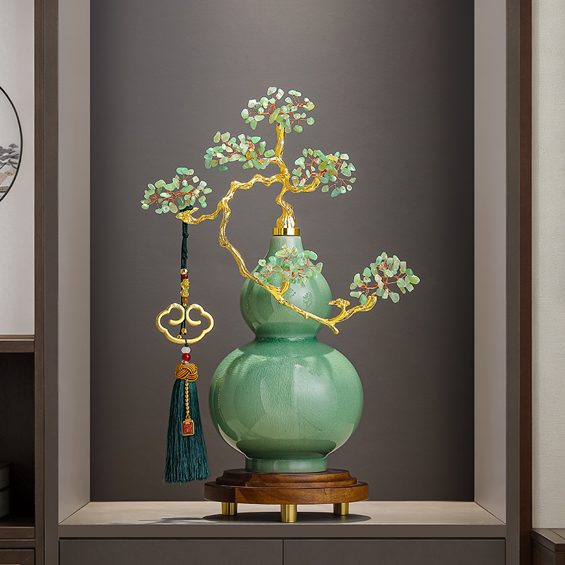 New Chinese-Style Green Crystal Fortune Gourd Ornament for Living Room, Entryway, Wine Cabinet, Office, Money Tree Decoration, Housewarming Gift