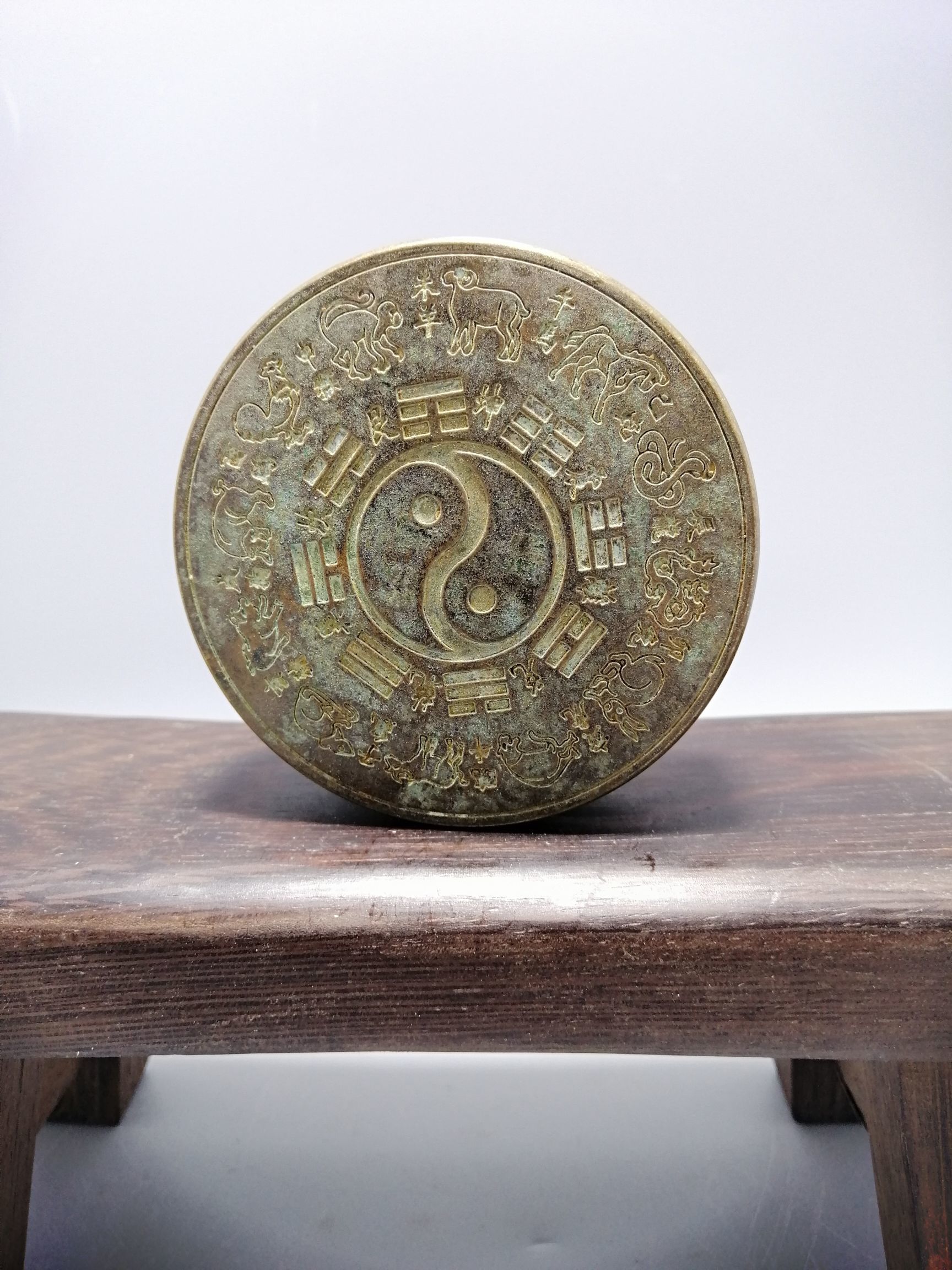 Ancient Playing Bronze Ware Collection Brass Duosheng Xiao Ink Cartridges Bronze Tai Chi Gossip Ink Box room Four Treasure Bronze Box