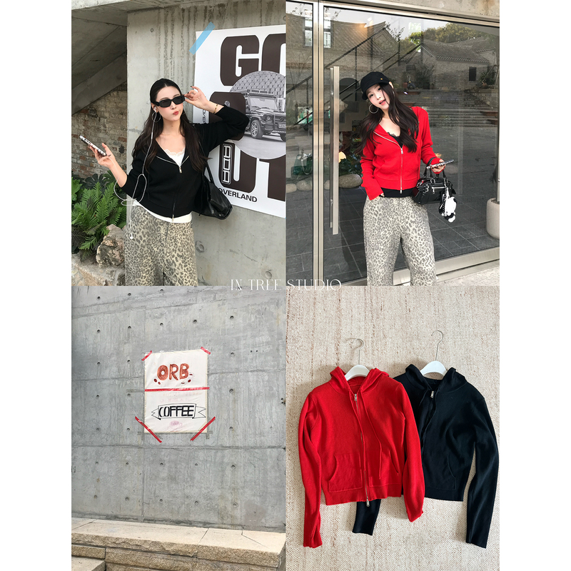 Meow Fat Zhang Tuntong [Jenny Candy] Korean-Style Casual Hooded Drawstring Double-Zip Slimming Knit Cardigan