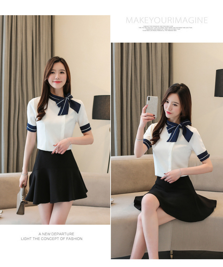 VK旗艦店 韓系蝴蝶結立領雪紡襯衫短袖上衣