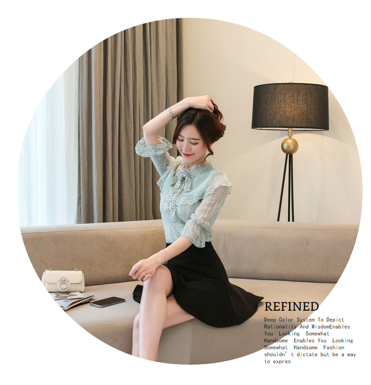 VK旗艦店 韓系蕾絲顯瘦喇叭袖雪紡襯衫短袖上衣