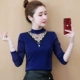 Áo sơ mi đáy cao nửa cổ áo sơ mi nữ thu đông phong cách mới sợi lưới kích thước lớn phong cách phương tây cộng với quần tất nhung dài tay áo thun nữ - Áo sơ mi chiffon ren