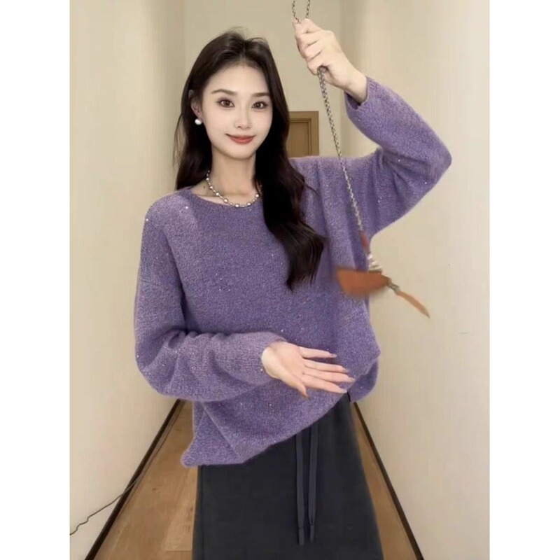 Gorgeous Purple Round-Neck Long-Sleeve Cashmere Sweater for Women, Loose Fit, Slimming, Suitable for Autumn and Winter, Base Layer, Flattering Top