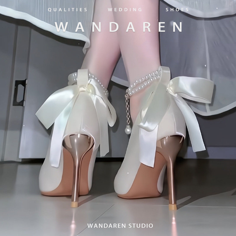 Wan Da Ren French Satin High Heels Women's Stiletto White Bridesmaid Shoes Main Wedding Dress Bride Wedding Shoes 18Th Birthday Coming-Of-Age Ceremony