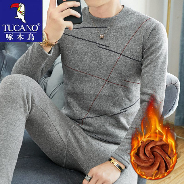 Woodpecker Thermal Underwear Men's Autumn Clothes and Autumn Pants Plus Velvet Thickened Mid-High Collar Cotton Sweater Men's Winter Cold Protection Suit