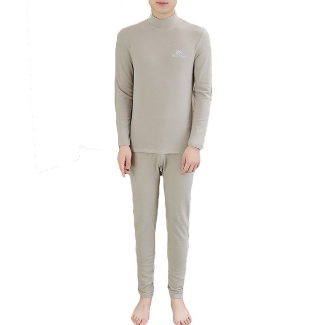 Woodpecker double-sided German velvet heated thermal underwear suit men's medium high collar winter plus velvet men's autumn clothes and long pants