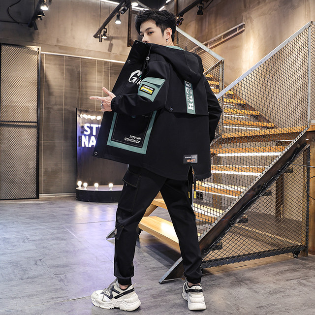 Woodpecker work jacket men's autumn and winter trendy set with handsome casual sports suit men's jacket