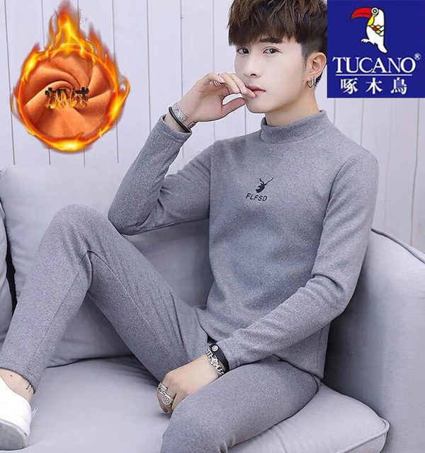 Woodpecker men's new winter velvet thickened autumn clothes and autumn pants half turtleneck youth thermal underwear set