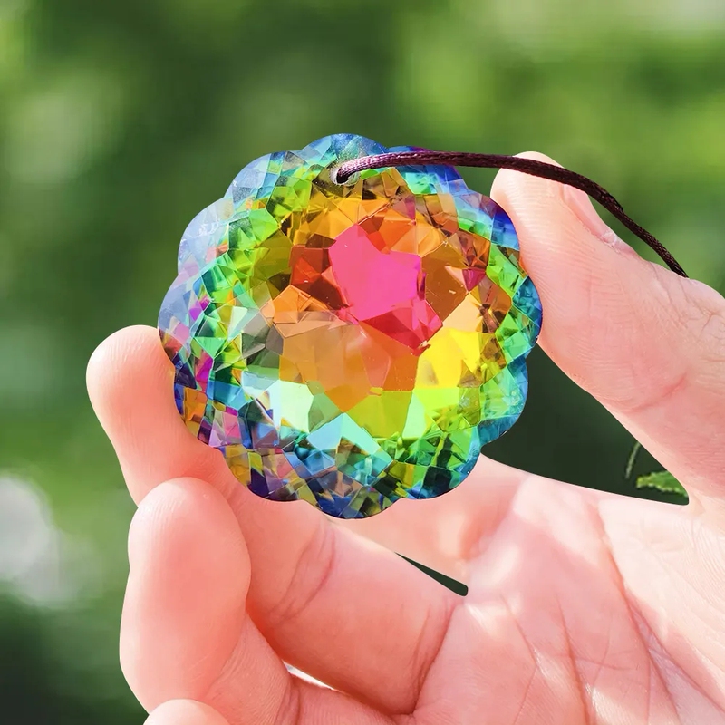 Brilliant Sunflower 45mm Rainbow Aurora Mandala Crystal Prism Pendant Sunlight Catcher Wind Chime Hanging Decoration