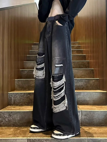 Ретро осенние джинсы, дизайнерские штаны, в американском стиле, изысканный стиль, свободный прямой крой, тренд сезона