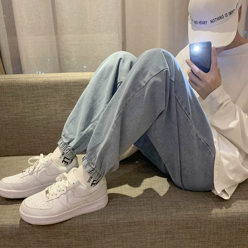 纯色牛仔裤男潮牌韩版潮流秋季百搭蓝色休闲 𫔮裤高街裤子束脚哈伦裤