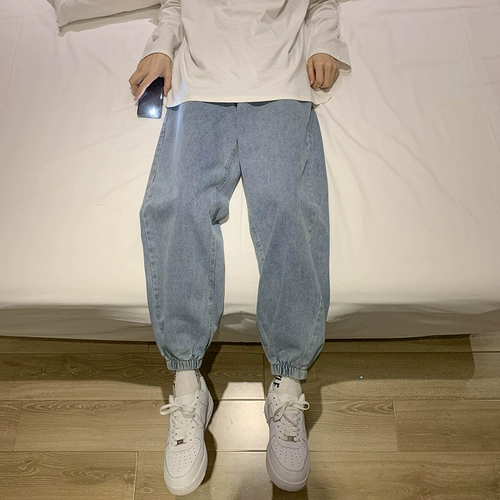 纯色牛仔裤男潮牌韩版潮流秋季百搭蓝色休闲 𫔮裤高街裤子束脚哈伦裤