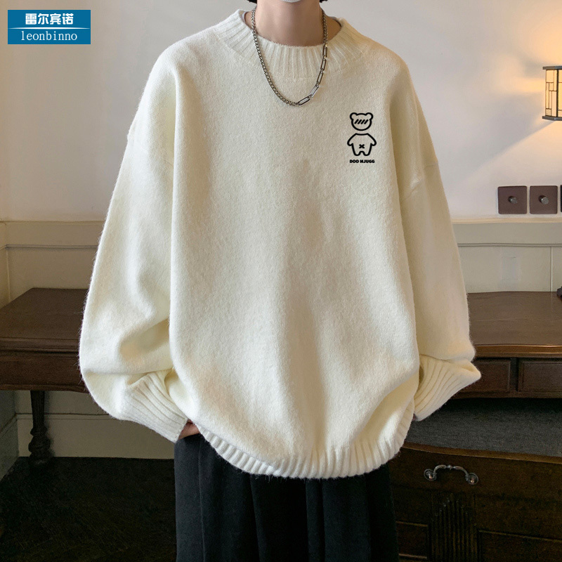 Bear Print Sweater for Men, Autumn and Winter, Half-High Collar, Lazy Style, Loose Pullover Knitwear, Trendy Brand, Thickened Casual Jacket