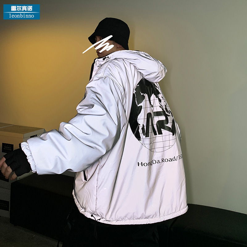 Double-sided cotton coat men's tide brand ins reflective lamb velvet cotton coat loose large size cotton jacket thickened winter coat men