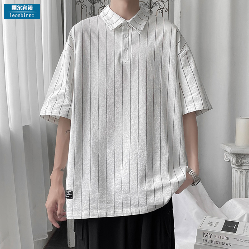 Minimalist vertical stripe short sleeve POLO shirt male summer ins couples T-shirt blouses tide card trendy loose half sleeve T-shirt