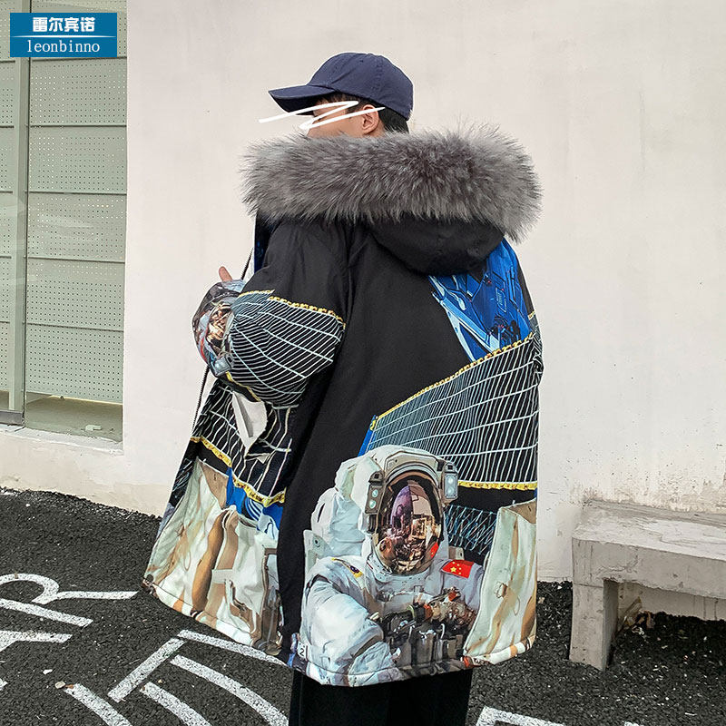 Cotton Jersey Male Tide Cards Loose large size Cosmonauts Printed Down Cotton Clothing Thickened Warm Cotton Padded Jacket Men Winter Coats