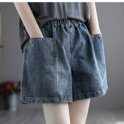 Summer Korean style denim shorts for women with large pockets, loose, slimming and age-reducing, versatile wide-leg thin elastic waist shorts for women