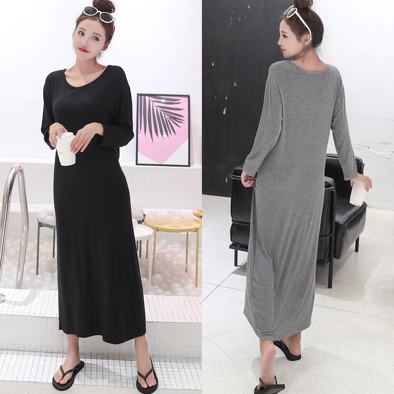 Summer Korean Style Thin Base Dress Modal Long-Sleeve Long Dress Women's Outerwear Round Neck Loose Dress Plus Size Nightgown Summer Korean Style Thin Base Dress Modal Long-Sleeve Long Dress Women's Outerwear Round Neck Loose Dress Plus Size Nightgown