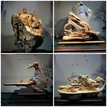 The Taihang Cliff Bergen Sculpture Pendulum Pieces Wood Carving natural with the shape Roots Stone Log Engraving Landscape Handmade Zen handicraft