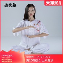Kang Ya flax Taiji women cotton linen short sleeve white Taijiquan practice clothing spring and summer mid-sleeve breathable clothing
