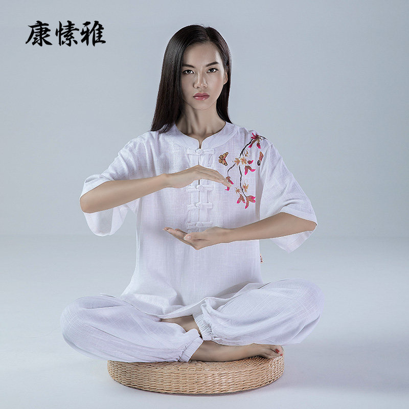 Convent elegant linen Tai Chi suit woman cotton linen short sleeve white taijiquan Martial Arts for spring and summer mid-sleeves Breathable Clothing