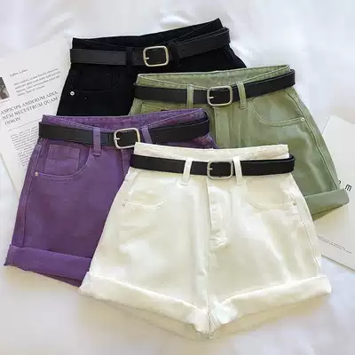 Purple denim shorts women high waist 2021 new summer thin loose slim white curly hot pants outside
