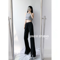 Black wide leg pants women 2021 new summer thin high waist slim straight tube loose slit drag floor pants
