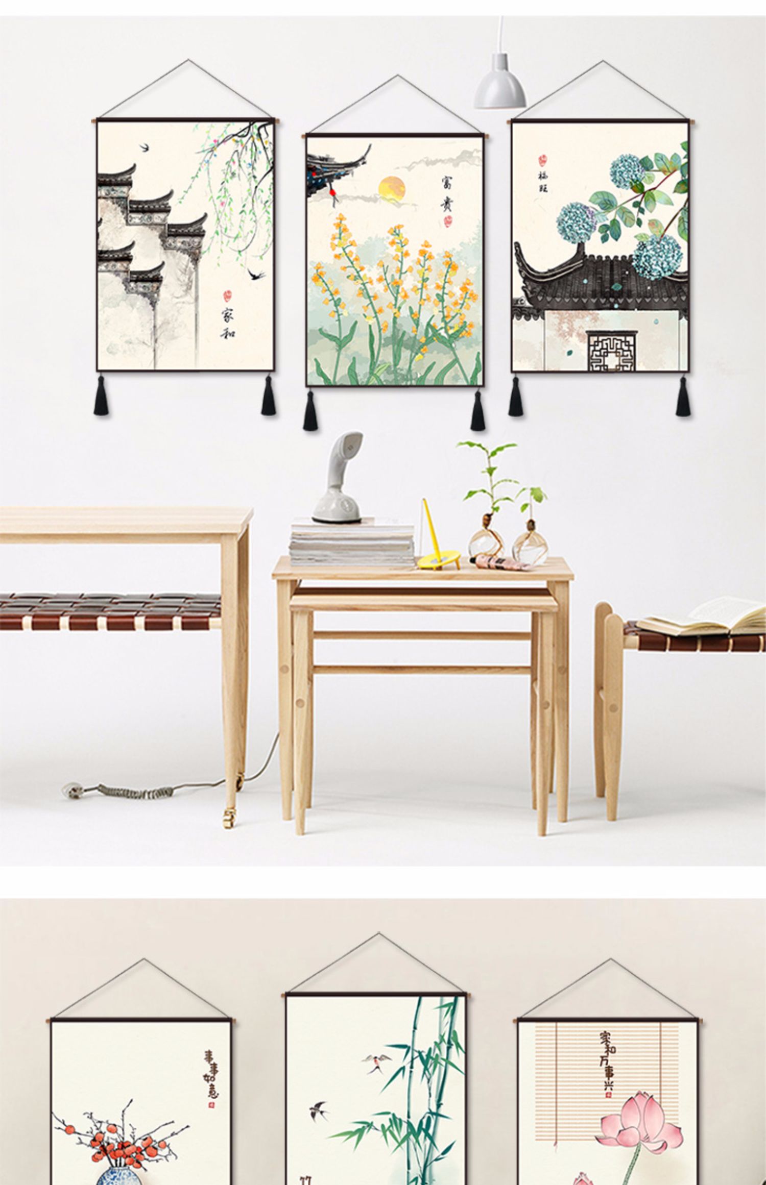 Nhà hàng Trung Quốc mới sơn trang trí phòng khách sofa bối cảnh tấm thảm phong cách Trung Quốc lối vào khách sạn ba tấm thảm vải treo - Tapestry thảm treo đầu giường