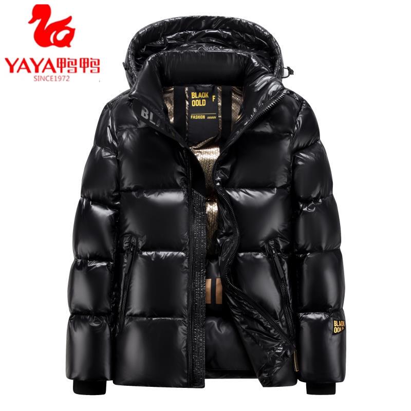 Black Gold Glossy down Jacket Men's Winter Hooded Extreme Cold Weather Jacket Unisex Couple Short Style Northeast Warm Over-The-Knee Coat