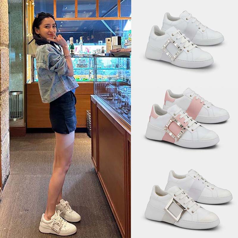 Yang Ying Baby's Same Style Rv Diamond Buckle White Shoes for Women 2023 New Thick-Soled Genuine Leather Height-Increasing Casual Sports Loafers