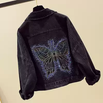 South Korea new denim short coat women loose thin black diamond 2021 spring and autumn thin foreign style jacket tide