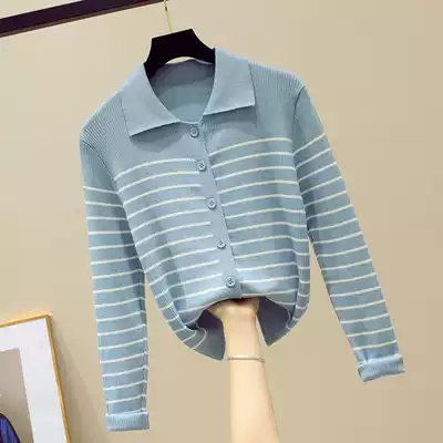 Korean striped long sleeve ice silk knit women 2020 Autumn New Korean slim base shirt polo collar top