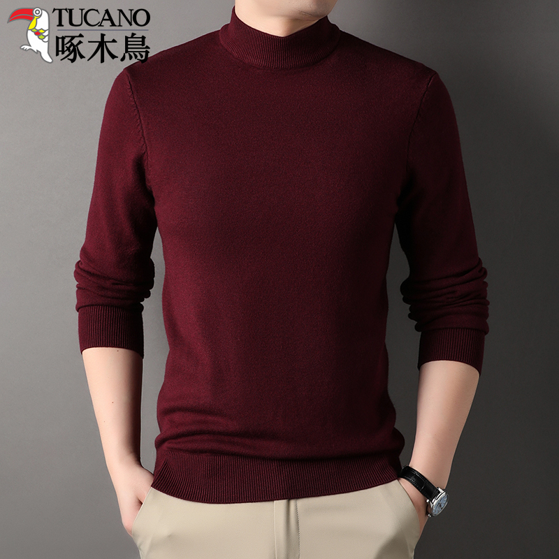 Woodpecker Brand Xinjiang Cotton Knit Sweater, Spring and Autumn, Red for the Year of Birth, Half-High Collar, Thin Men's Base Layer Top